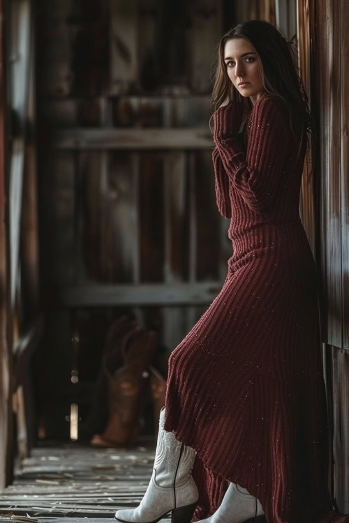 A woman wears a long brown sweater dress and white cowboy boots (2)