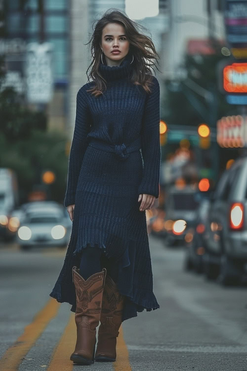 A woman wears a long dark blue sweater dress, tights and brown cowboy boots