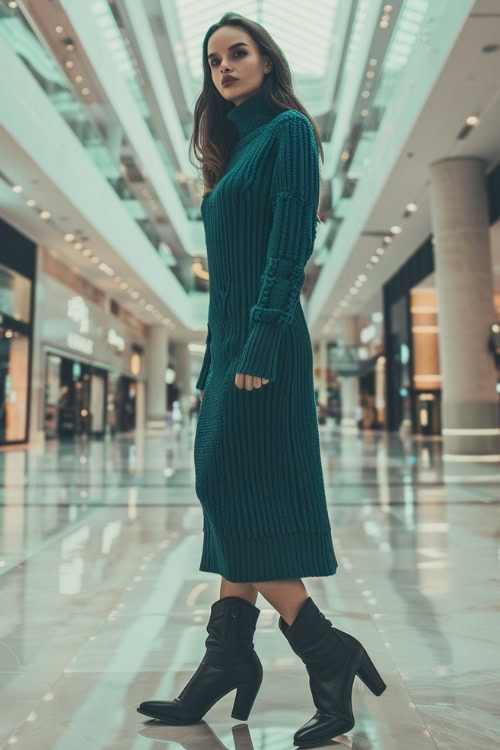 A woman wears a long dark green sweater dress and short black cowboy boots