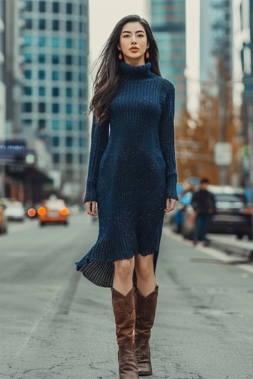 A woman wears a long navy blue sweater dress and brown cowboy boots