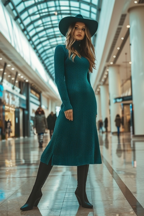 A woman wears a long teal sweater dress, a matching wide-brimmed hat, and black cowboy boots