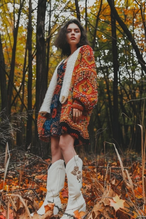 A woman wears a multicolored patterned cardigan, a dark blue floral dress, and white cowboy boots