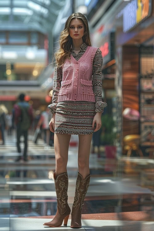 A woman wears a patterned dress, a pink knitted vest, and brown cowboy boots