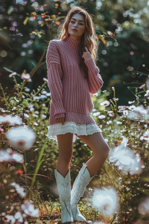 A woman wears a pink sweater dress with white ruffled hem and white cowboy boots (2)