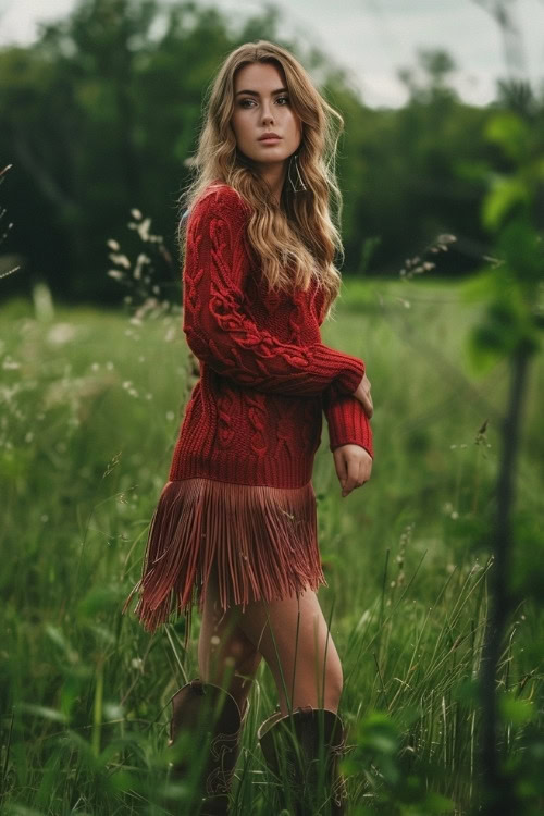 A woman wears a red fringed sweater dress and brown cowboy boots