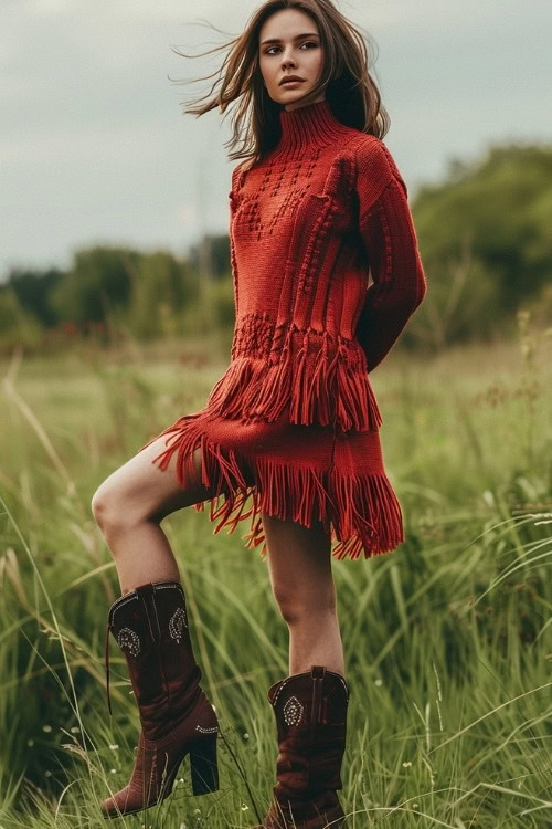 A woman wears a red fringed sweater dress and dark brown cowboy boots