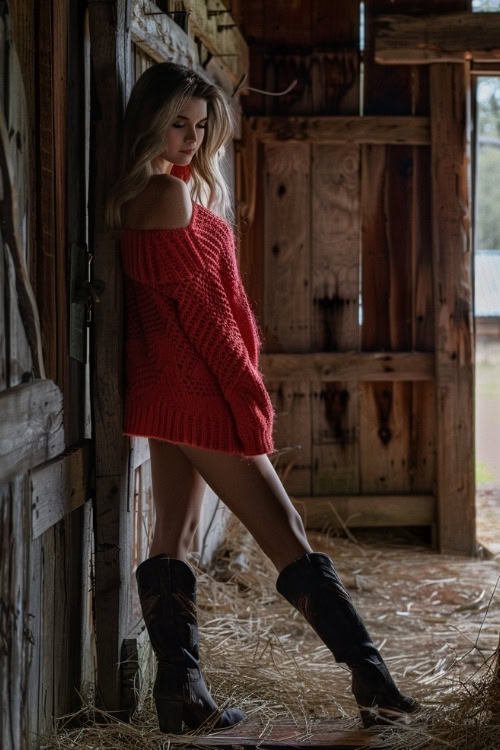 A woman wears a red halter neck sweater dress and black cowboy boots