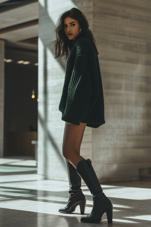 A woman wears a short black sweater dress and black cowboy boots