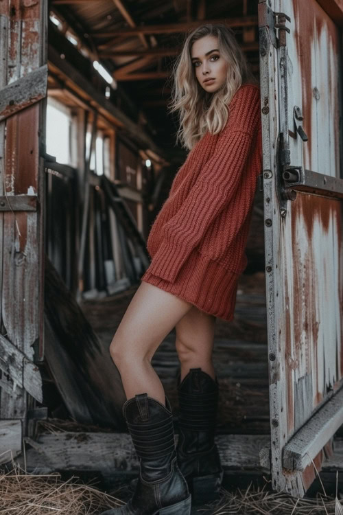 A woman wears a short brown sweater dress and black cowboy boots