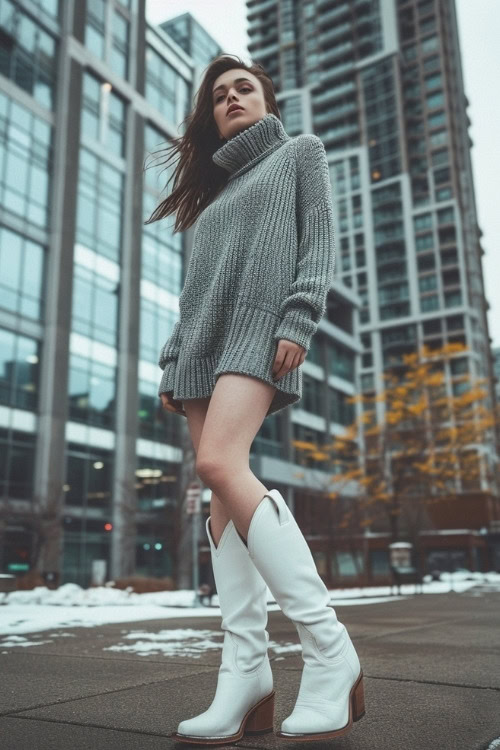 A woman wears a short grey sweater dress and tall white cowboy boots