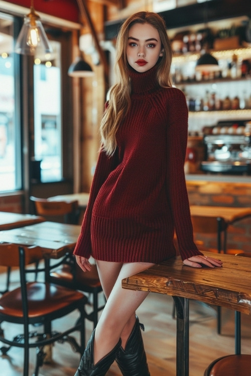 A woman wears a short red brown sweater dress and black cowboy boots