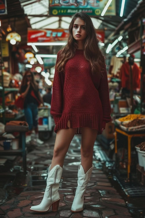 A woman wears a short red brown sweater dress and white cowboy boots