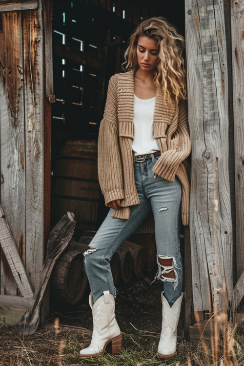 A woman wears a short white cowboy boots with ripped jeans, cardigan and a white underneath shirt