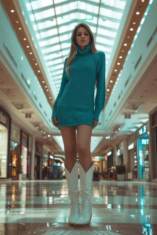 A woman wears a teal sweater dress and white cowboy boots