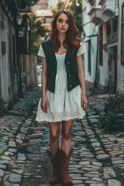 A woman wears a white dress with lace trim, a green knitted sweater vest, and brown cowboy boots