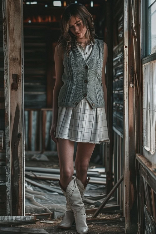 A woman wears a white plaid dress with a grey knitted vest and white cowboy boots