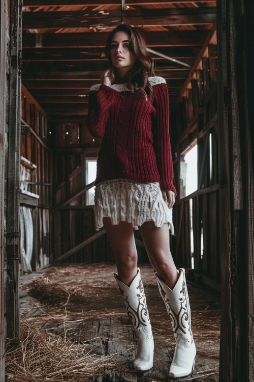 A woman wears a white red sweater dress with white trim and white cowboy boots