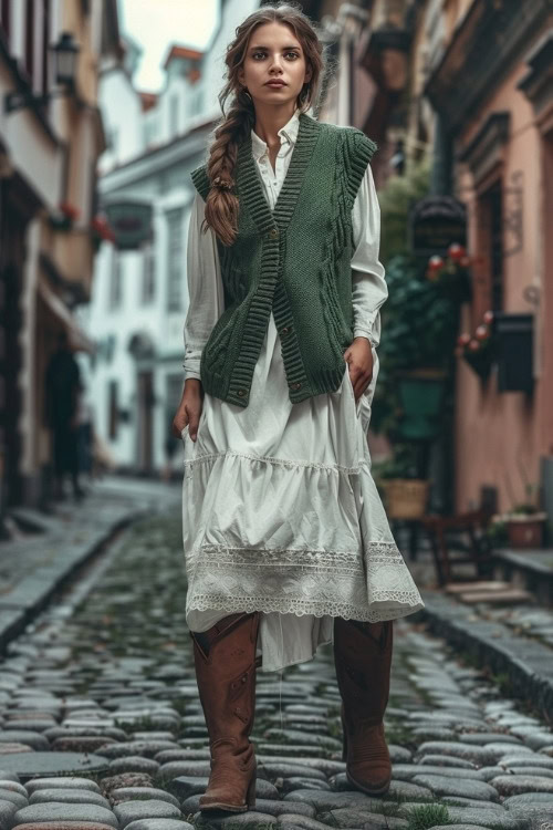 A woman wears a white tiered dress, a green knitted sweater vest, and brown cowboy boots