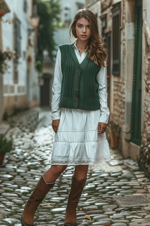 A woman wears a white tiered dress with a green knitted vest and brown cowboy boots