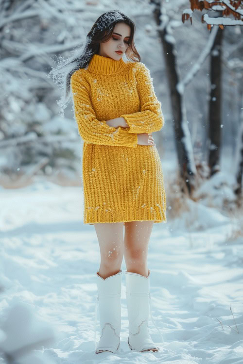 A woman wears a yellow sweater dress with white cowboy boots