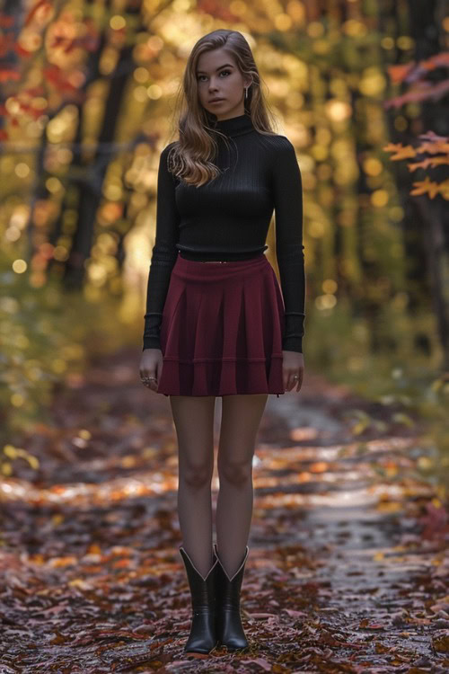 A woman wears black ankle cowboy boots with a black fitted turtleneck and a red skirt