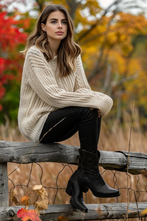 A woman wears black ankle cowboy boots with a chunky sweater and is sitting on the fence