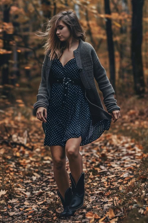 A woman wears black ankle cowboy boots with a dotted black dress and a grey cardigan