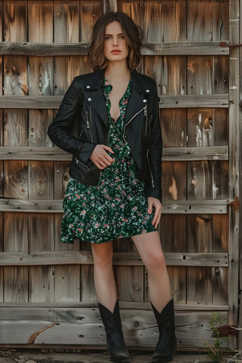 A woman wears black ankle cowboy boots with a green floral dress and a biker jacket