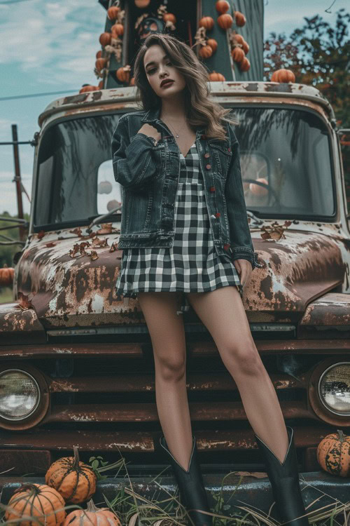 A woman wears black ankle cowboy boots with a plaid dress and a denim jacket