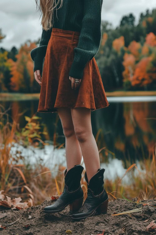 A woman wears black ankle cowboy boots with a red skirt and a green sweater