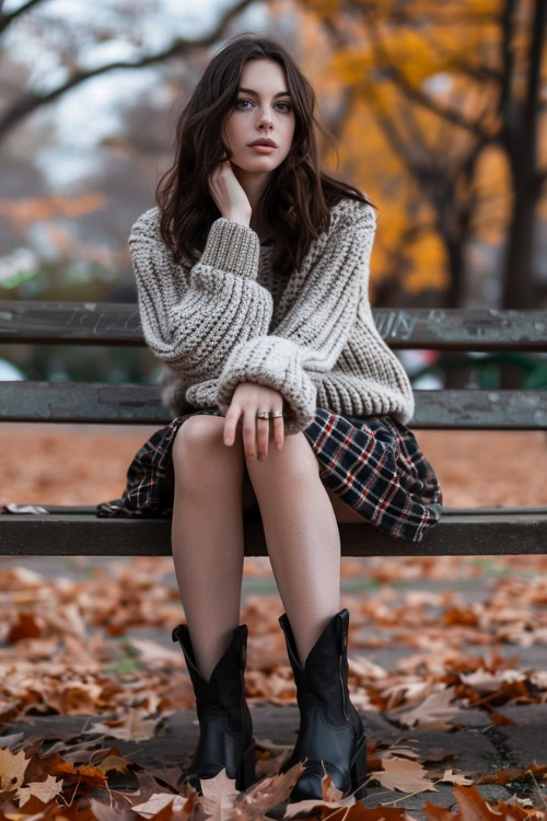 A woman wears black ankle cowboy boots with a sweater and plaid skirt