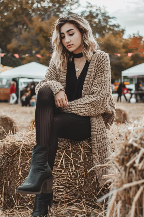 A woman wears black ankle cowboy boots with black top and long chunky cardigan