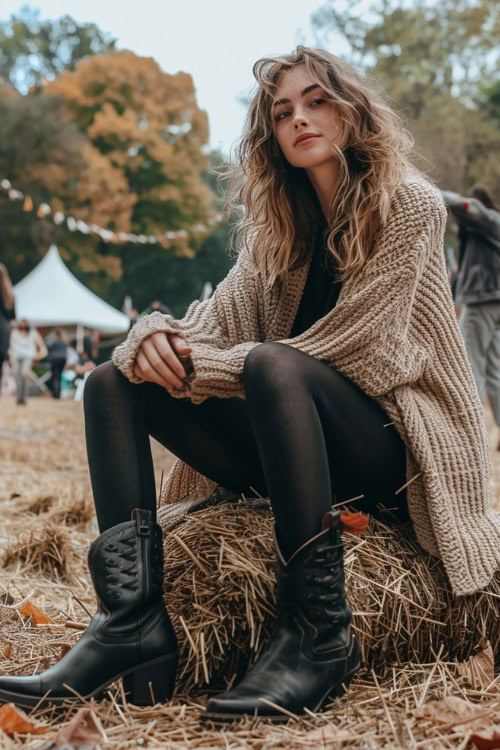 A woman wears black ankle cowboy boots with chunky cardigan