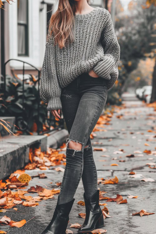 A woman wears black ankle cowboy boots with ripped jeans and a chunky sweater