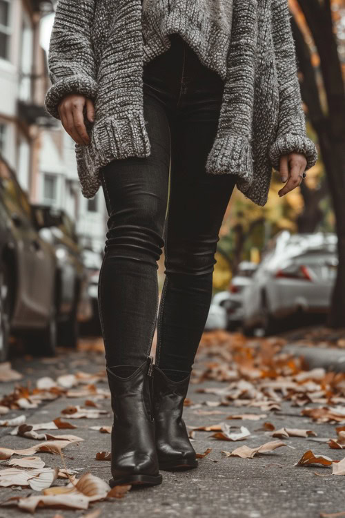 A woman wears black ankle cowboy boots with sweater and cardigan