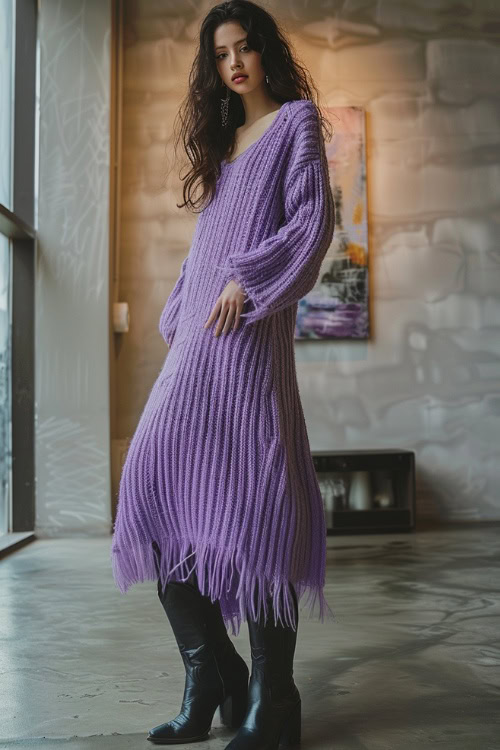 A woman wears black cowboy boots and a purple sweater dress