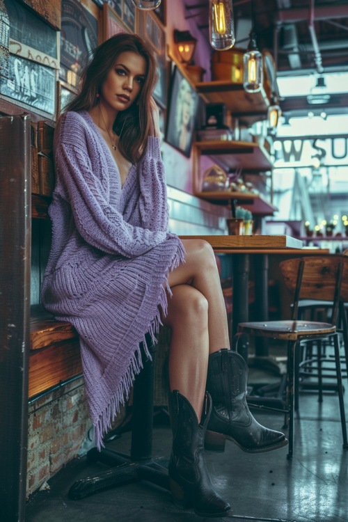 A woman wears black cowboy boots with a lavender sweater dress