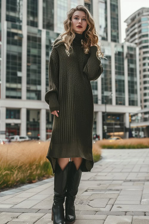 A woman wears black cowboy boots with a olive green sweater dress