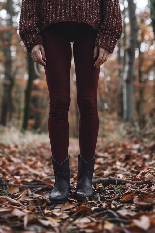 A woman wears black cowboy boots with leggings and a sweater