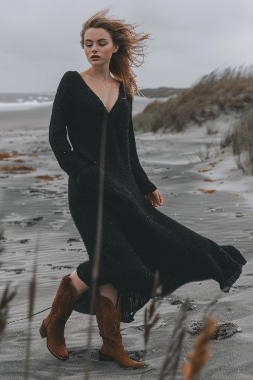 A woman wears brown cowboy boots with a long black sweater dress