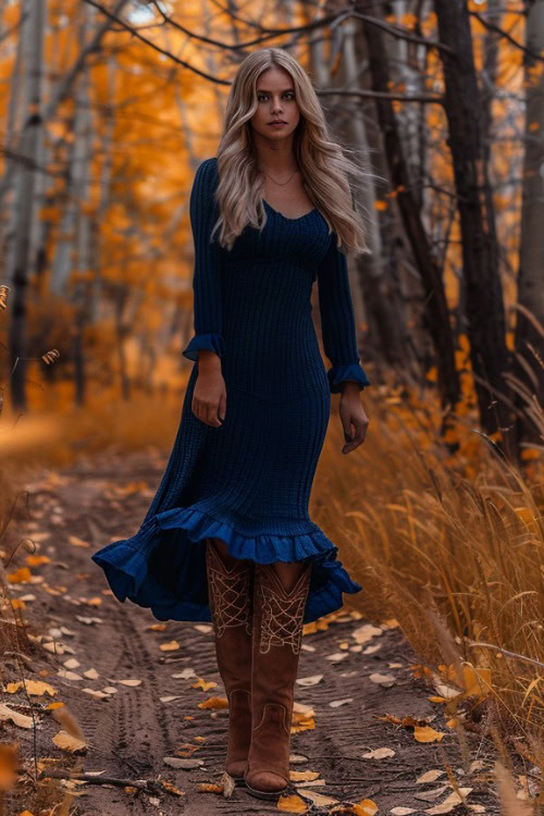 A woman wears brown cowboy boots with a navy blue sweater dress