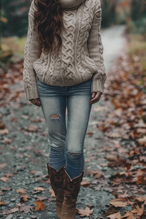 A woman wears brown cowboy boots with jeans and a sweater