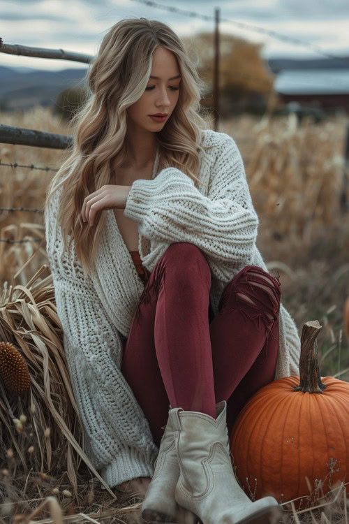 A woman wears chunky cardigan with leggings and white ankle cowboy boots