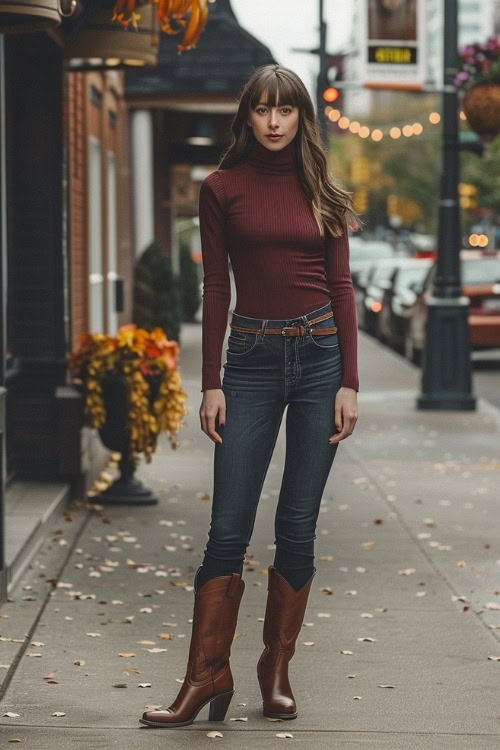 A woman wears cowboy boots with jeans and fitted turtleneck