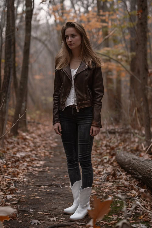 A woman wears jeans with short white cowboy boots, brown leather jacket and white shirt