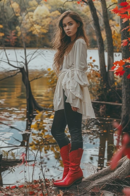 A woman wears red cowboy boots with ruffle top and leggings