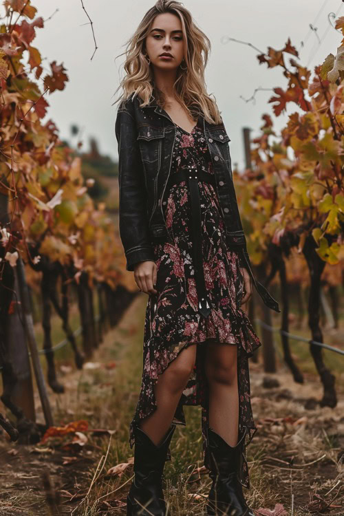 A woman wears short black cowboy boots with a floral dress and a black leather jacket