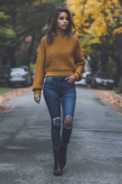 A woman wears short black cowboy boots with jeans and a sweater