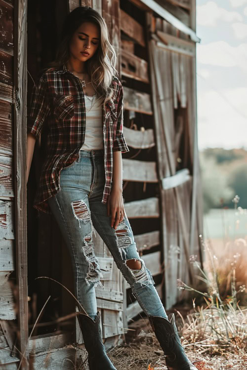 A woman wears short black cowboy boots with jeans, white shirt and plaid jacket