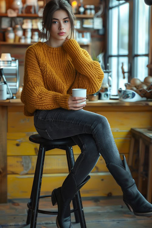 A woman wears short black cowboy boots with skinny jeans and a sweater